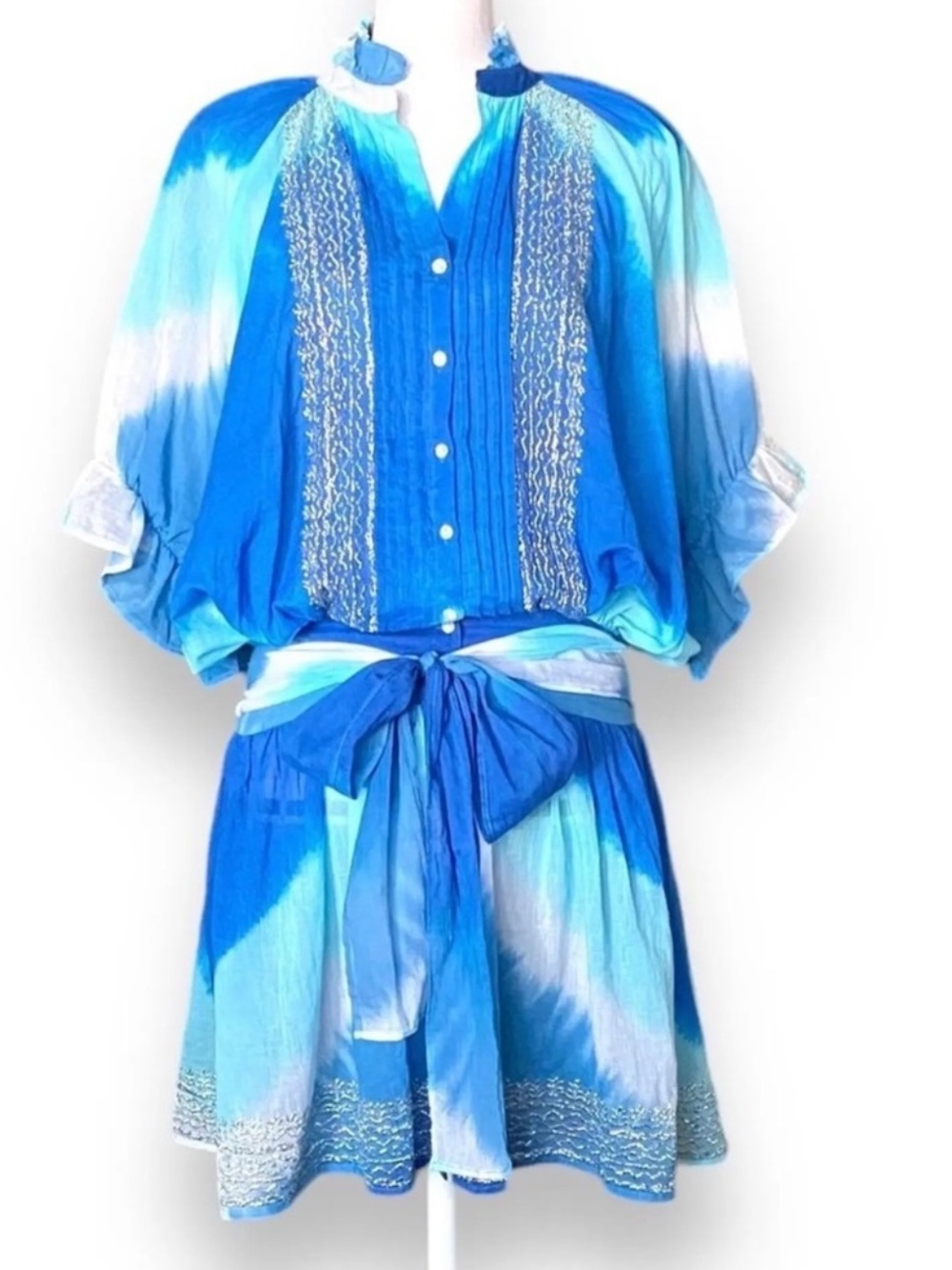 Juliet Dunn Blue and White Tie-Waist Dress NWT Size 2 metallic trim